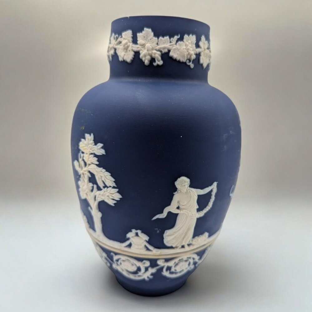 Antique 1900 Adams Tunstall, England 8" Jasperware Dark BLue Vase